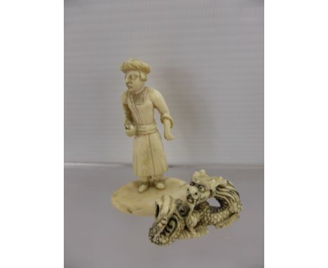 Antique Ivory Netsuke, in the form of a dragon, approx 3.5 x 2 cms together with an antique carved ivory figure of a tradesma