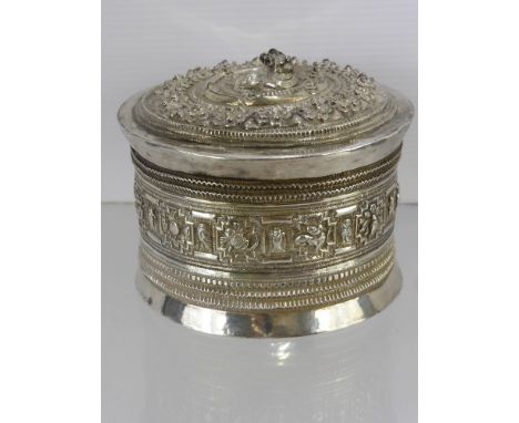 Antique Indian Silver Cylindrical Canister and Cover, embellished with animals to side frieze with winged elephant to base an
