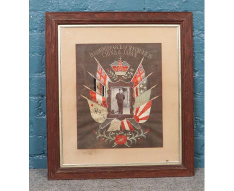 A framed vintage tapestry 'in rememberance of my cruise in China &amp; Japan'. (41.5cm x 34cm)  