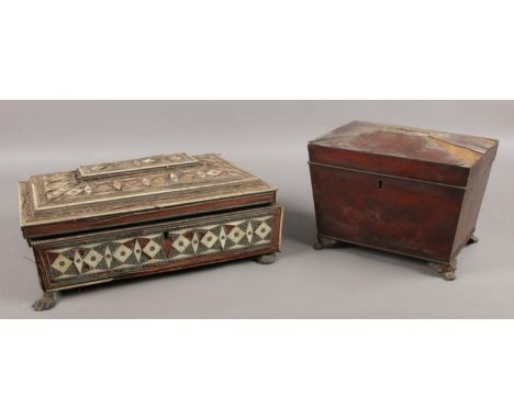 A Georgian mahogany tea caddy, accompanied by a hinged Vizagapatam box, with mirrored top and fitted interior.  Both in need 