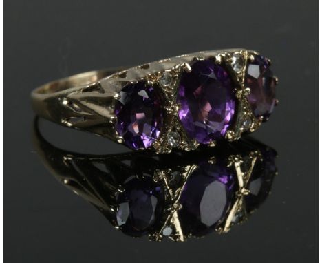 A vintage 9ct gold amethyst &amp; diamond ring in Victorian style, size U. 3.84g.  