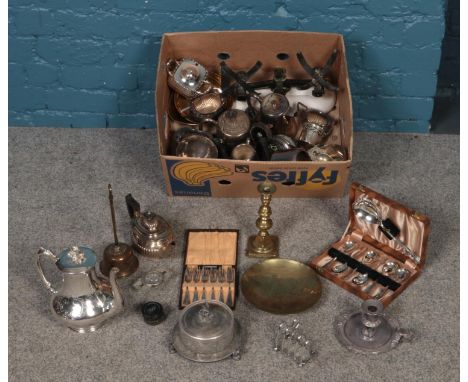 A box of metalwares. Including scales, coffee pot, vases, toast rack, brass candlestick, etc.  