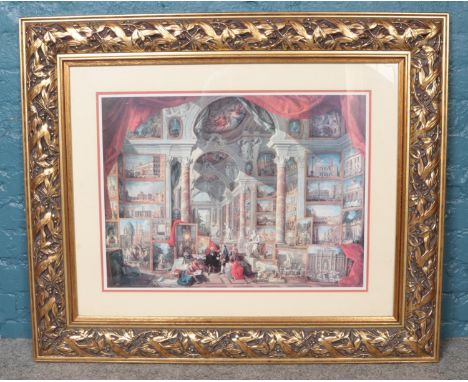 After Giovanni Paolo Panini print. Vedute Di Roma Moderna (Views of modern Rome) in decorative gilt frame. H: 48.5cm W:65.5cm