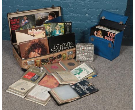 A Globetrotter suitcase and carry case containing Jazz, Rock and Pop vinyl records, including Michael Jackson, Abba, Barbara 