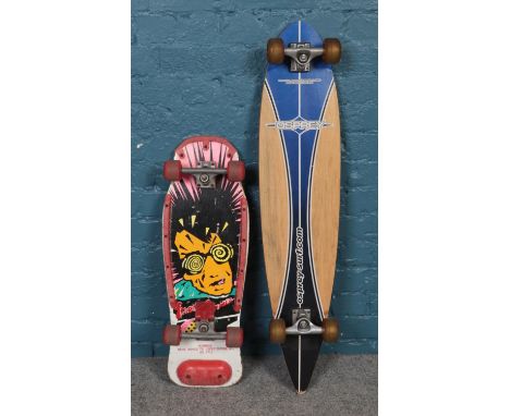 Two vintage skateboards. An imported USA Tru Toys High Flyer Skateboard and a Osprey surfboard shaped skateboard. Osprey: L:1