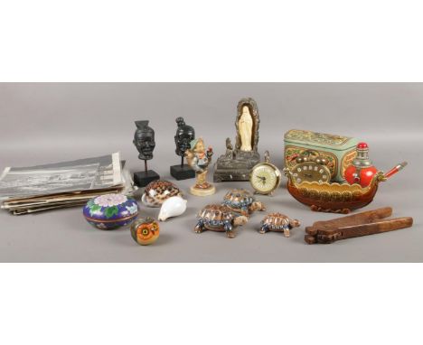 A quantity of miscellaneous. Goebel figurine, Wade tortoise's, vintage photographs etc.  