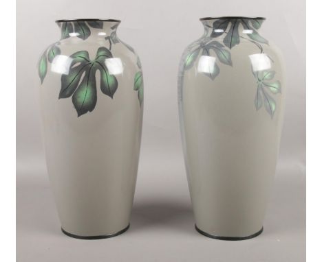 A pair of enamel decorative vases. (35.5cm height) To include cut crystal glass ware.  chip to enamel on one vase (see photo)