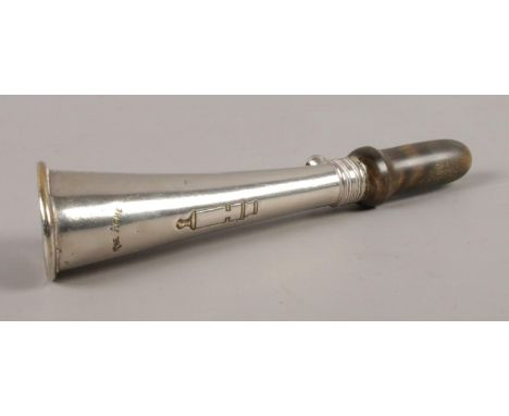 'The Acme' metal hunting horn, with horn mouthpiece. 16cm long.  