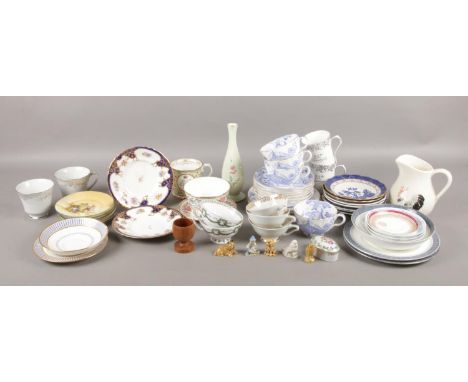 A box of assorted ceramics. To include Royal Worcester blue and white dragon part tea set, a Carltonware hand-painted vase, B