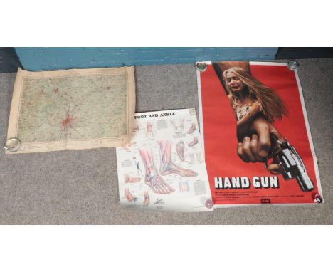 Two posters and one map. Including Anatomical Chart Co educational foot and ankle poster, Handgun film poster and map of Leic