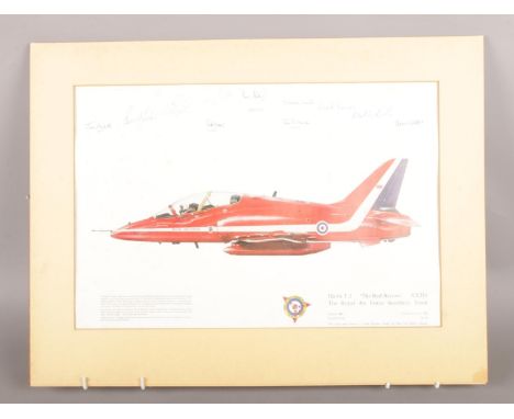A mounted print of a 'Red Arrows' Hawk T.1 with signatures. Signed by each of the 1980 team. H:28cm, W:42cm.  Certificate of 