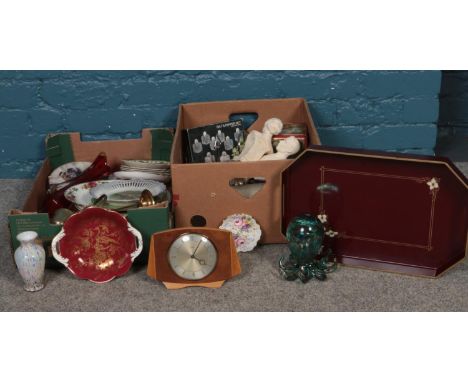 Two boxes of miscellaneous. Coalport plate, Fenton China pin dish, Metamec mantel clock etc  