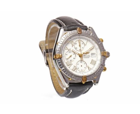 GENTLEMAN'S BREITLING CHRONOGRAPH AUTOMATIC STAINLESS STEEL WRIST WATCHthe round white dial with applied gold colour bordered