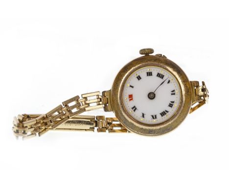 LADY'S EARLY TWENTIETH CENTURY NINE CARAT GOLD MANUAL WIND WRIST WATCHthe white enamel dial with Roman numerals in black, 12 