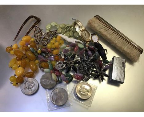A collection of costume jewellery including a butterfly brooch, two watches, a cigarette lighter, a London silver mounted bru