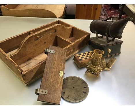A 19thc pine housemaid's box (h.13cm x 44cm x 27cm), an Acme tie press, a brass clock dial, a travelling chess set and a beek