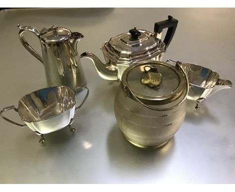 An Epns three piece panelled tea service, an Epns hot water tapered jug and a 19thc frosted glass biscuit barrel with swing h