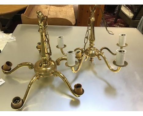 A modern brass five branch pendant light fitting and another similar (h.38cm spread: 44cm) (2)