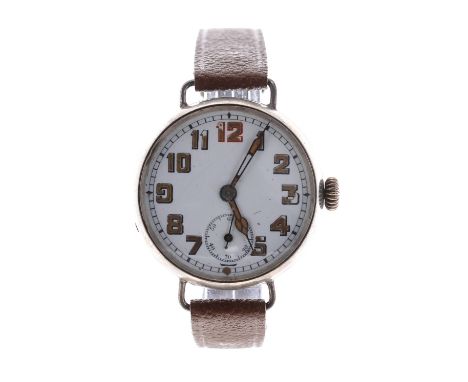 WWI period silver wire-lug wristwatch, import hallmarks London 1915, enamel dial with Arabic numerals, red twelve, minute tra