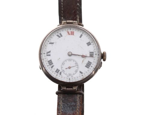 WWI period silver wire-lug wristwatch, import hallmarks London 1913, enamel dial with Roman numerals, red twelve, minute trac