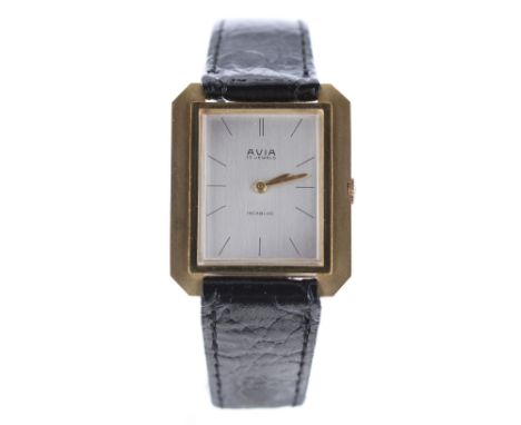 Avia 9ct gentleman's dress wristwatch, ref. 7924, rectangular silvered dial, manual 17 jewel movement,  black strap, 27mm - C