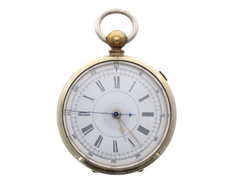 Gold plated centre seconds chronograph cylinder pocket watch, frosted three-quarter plate movement with gilt three arm balanc