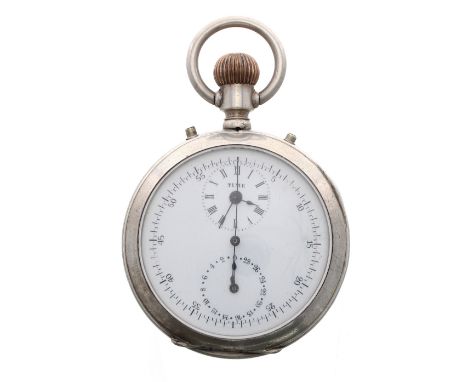 Swiss white metal centre seconds chronograph lever pocket watch, the three-quarter plate movement inscribed 'Huguenin's Paten