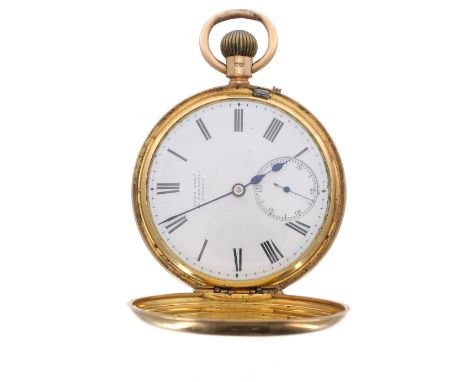 Victorian 18ct half hunter lever pocket watch, London 1885, three-quarter plate movement signed Lund Brothers, 49 Cornhill, L