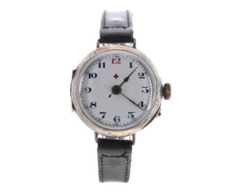 Silver wire-lug nurse's wristwatch, import hallmarks Edinburgh 1923, the enamel dial with Arabic numerals, red twelve, outer 