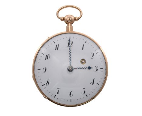 French gold plunge repeating cylinder pocket watch, the gilt frosted movement with pierced engraved balance bridge, three arm