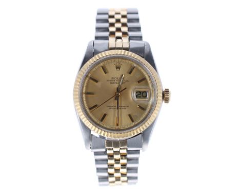 Rolex Oyster Perpetual Datejust gold and stainless steel gentleman's bracelet watch, ref. 1603, gold fluted bezel, champagne 