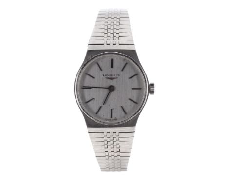 Longines stainless steel lady's bracelet watch, circular silvered dial with baton markers, cal. L817.4 17 jewel unadjusted mo