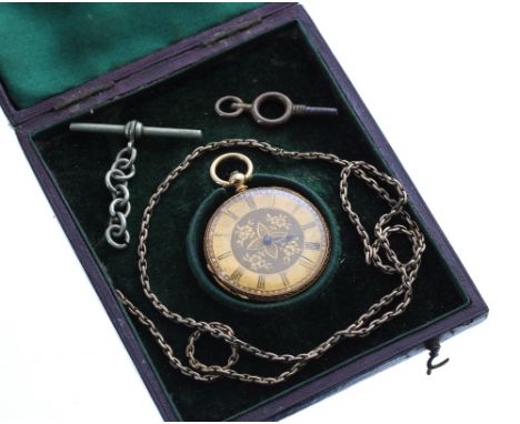 Stauffer 18ct cylinder engraved fob watch, signed gilt frosted bar movement with gilt three arm balance and regulator, inscri