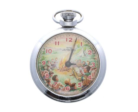 Smiths Jamboree chrome cased lever automaton pocket watch, the dial with Arabic numerals, depicting scouts around a campfire 