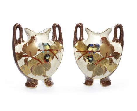 PAIR OF HAND PAINTED CERAMIC BALUSTER VASESsigned to base in red 'G.H' with the number '5227', each with two handles, on shap