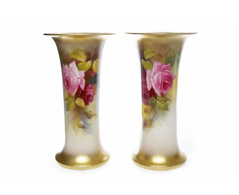 PAIR OF ROYAL WORCESTER TRUMPET SHAPED VASESdecorated with rose and foliage decoration by Millie Hunt, signed upper section, 