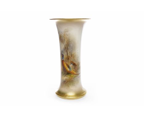 ROYAL WORCESTER TRUMPET SHAPED VASEdecorated with pheasant and chick in a landscape by James Stinton, signed lower right, wit