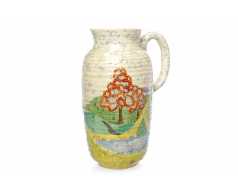 CLARICE CLIFF 'PATINA' PATTERN BIZARRE POTTERY JUGof ribbed oviform, decorated in colours with a stylised landscape, interior