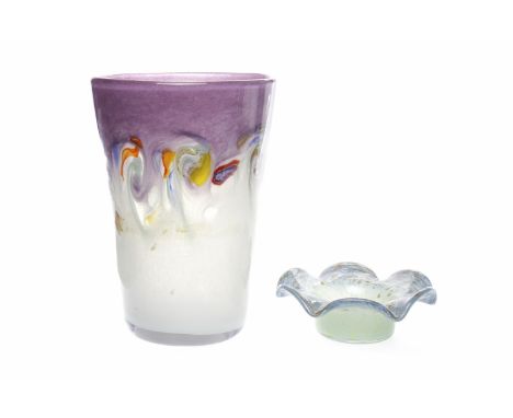 STRATHEARN GLASS VASEof gently flaring form, light green and purple with bright swirled colours, Strathearn fish mark to pont