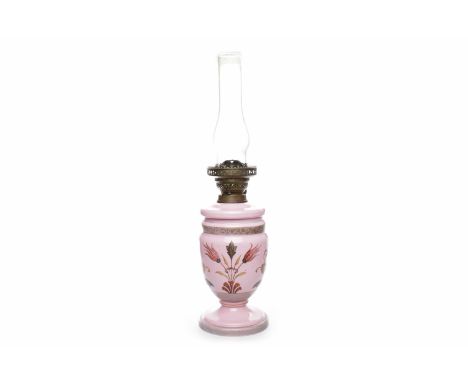 VICTORIAN HINKS DUPLEX PATENT OIL LAMPthe pink ceramic reservoir is hand painted with a floral design, topped by a Duplex bur
