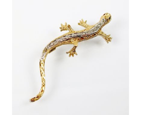 A diamond and ruby set lizard brooch, not stamped, 60mm long, weight 4.7gms