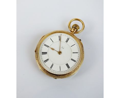 A late 19th century 18ct gold lady's fob watch, the white enamel dial with black Roman numerals, gilt metal keyless movement,