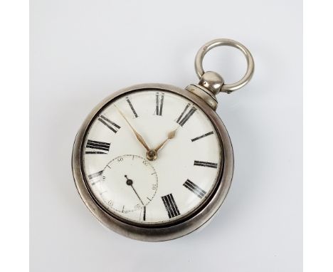 A Victorian silver open face fusee pair case pocket watch, Birmingham 1855, the white enamel dial with black Roman numerals a