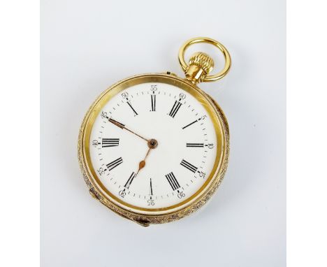 A lady's continental fob watch, the white enamel dial with black Roman numerals, gilt keyless movement, the decorative yellow