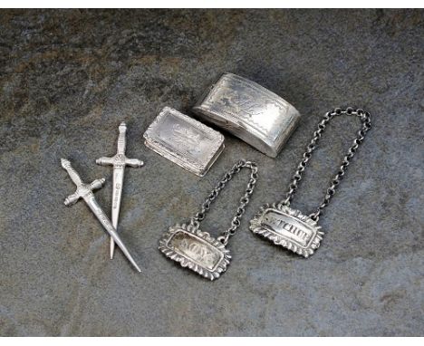 Two George IV silver decanter labels, George & John Cowie, London 1825, engraved 'Soy' and 'Ketchup', together with a William
