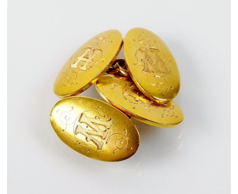 A pair of 15ct gold oval panel cufflinks, with engraved initials 'M' and 'H', total weight 11.5gms