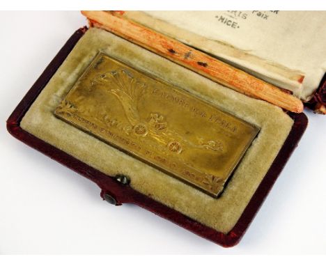 An Art Nouveau silver gilt automobile racing rectangular plaque, 'Coppa Vincenzo Floria 1905 Gagnee Par Itala', the reverse '