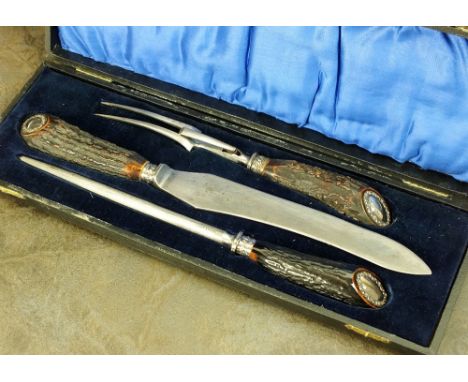A cased set of silver mounted horn carvers, John Biggin, Sheffield 1921, comprising a knife, fork and steel, presented within