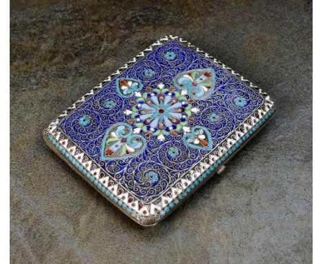 A Russian silver and cloisonne enamel cigarette case, makers mark for Konstantin Skvortsov, Moscow circa 1900, of rectangular