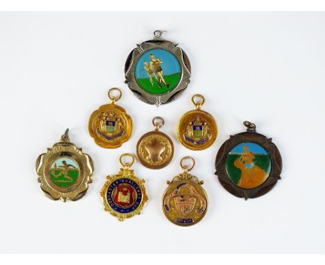 Five 9ct gold and polychrome enamel medals, together with three base metal medals, weight of gold approx. 35gms (8)